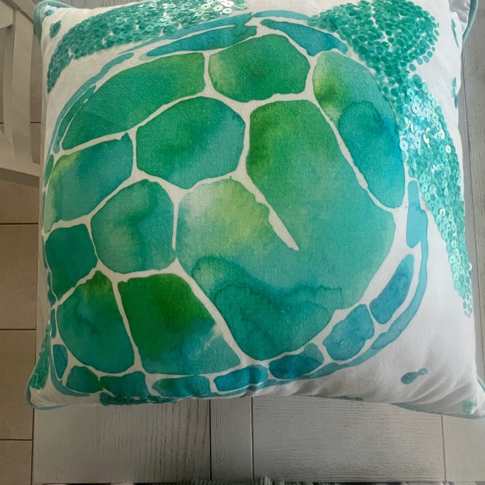 Pottery Barn Teal and Green Sea Turtle Print Pillow